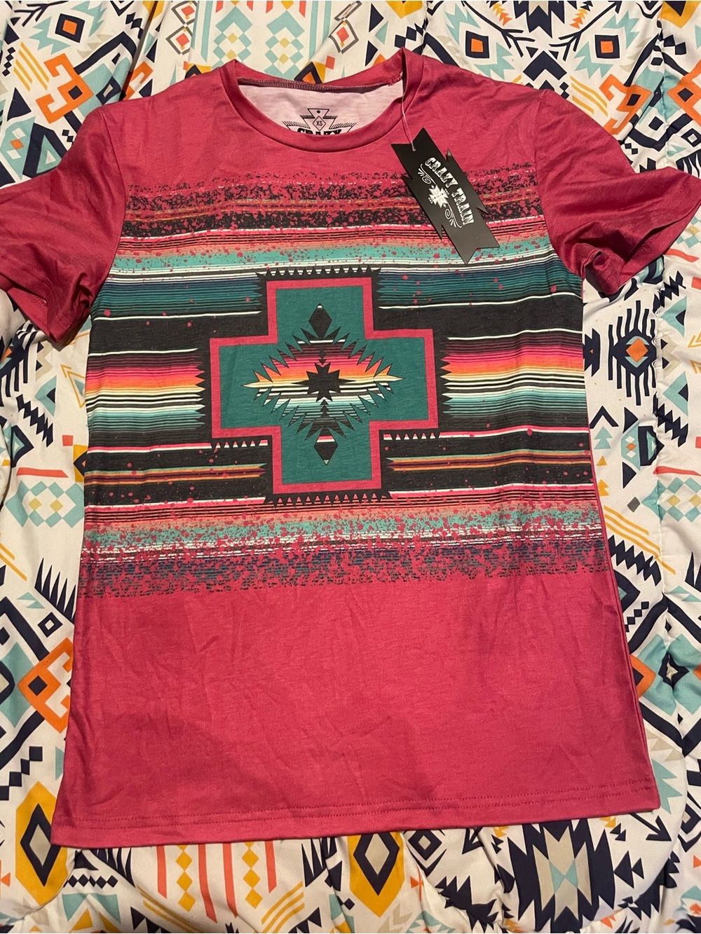 Crazy train Pink Tee with Teal Aztec Cross Graphic